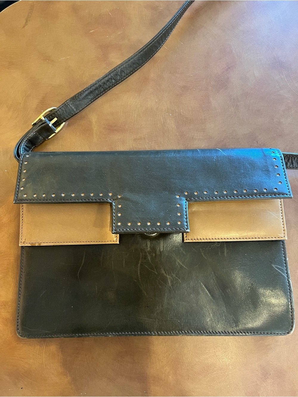 Vintage FragiacomoTwo-Tone dk gr and Tan Leather Crossbody Bag Italian